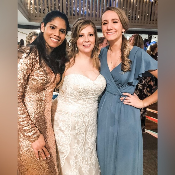 David’s Bridal Studio Flutter Sleeve Georgette Wrap Dress Steel Blue Size 6 - Picture 7 of 7